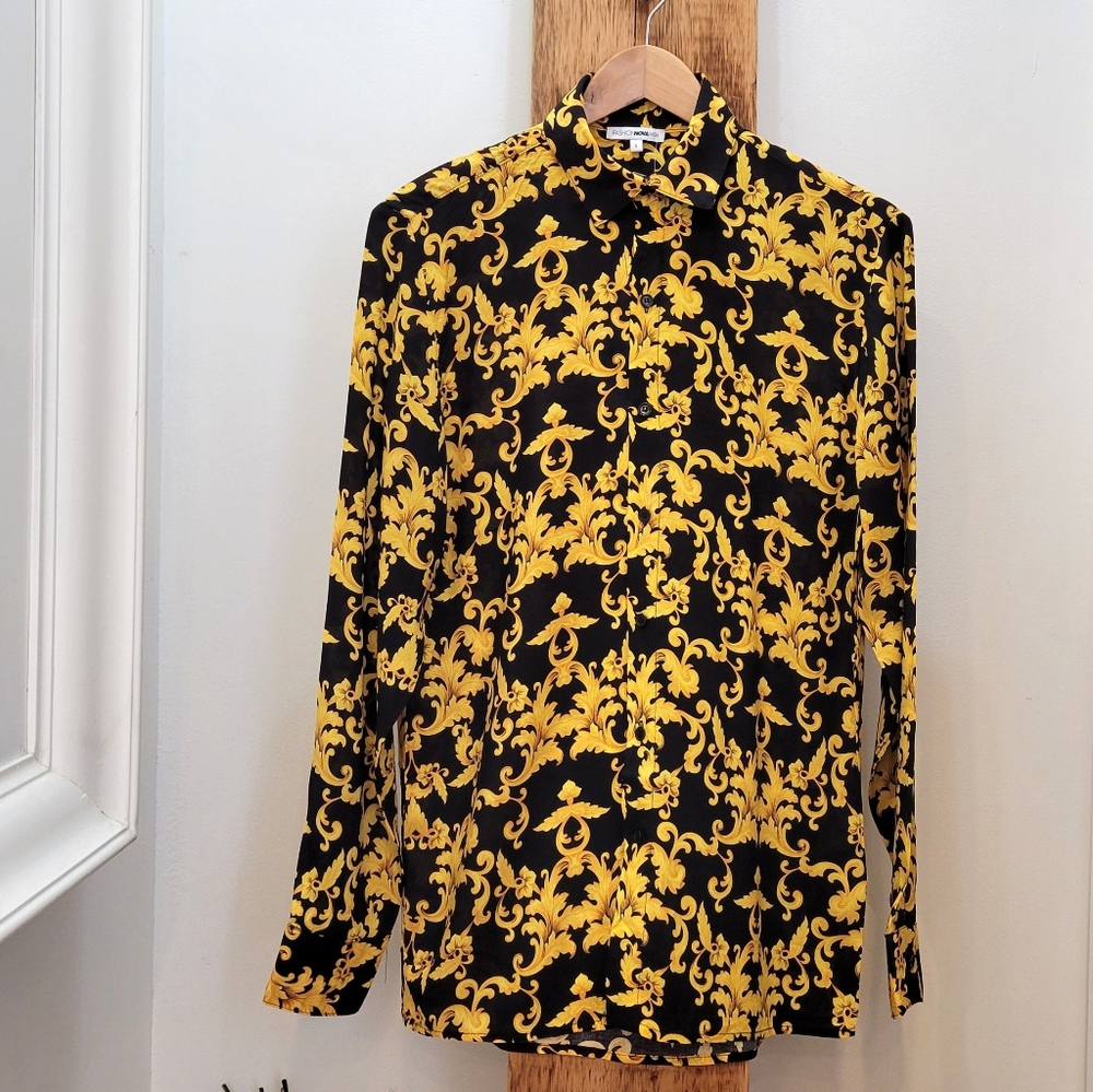 Fashion Nova Men Black Shirt with Gold Baroque Print